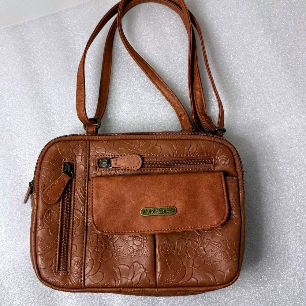 MultiSac Brown Floral Embossed Crossbody Bag Vegan Leather Organizer Handbag